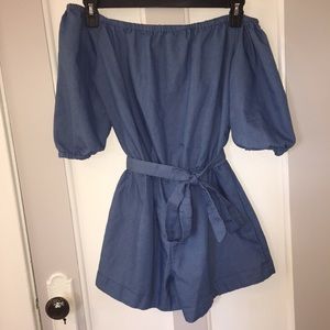 Off the Shoulder Sky Blue Romper with Belt